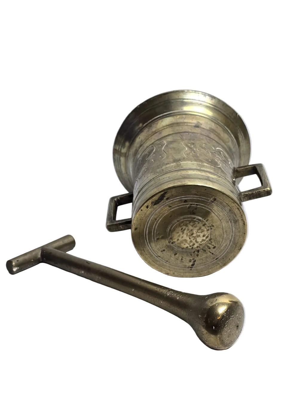 Antiker Apothekermörser Bronze mit Stössel — Barock Ornamentik Rechteckgriffe