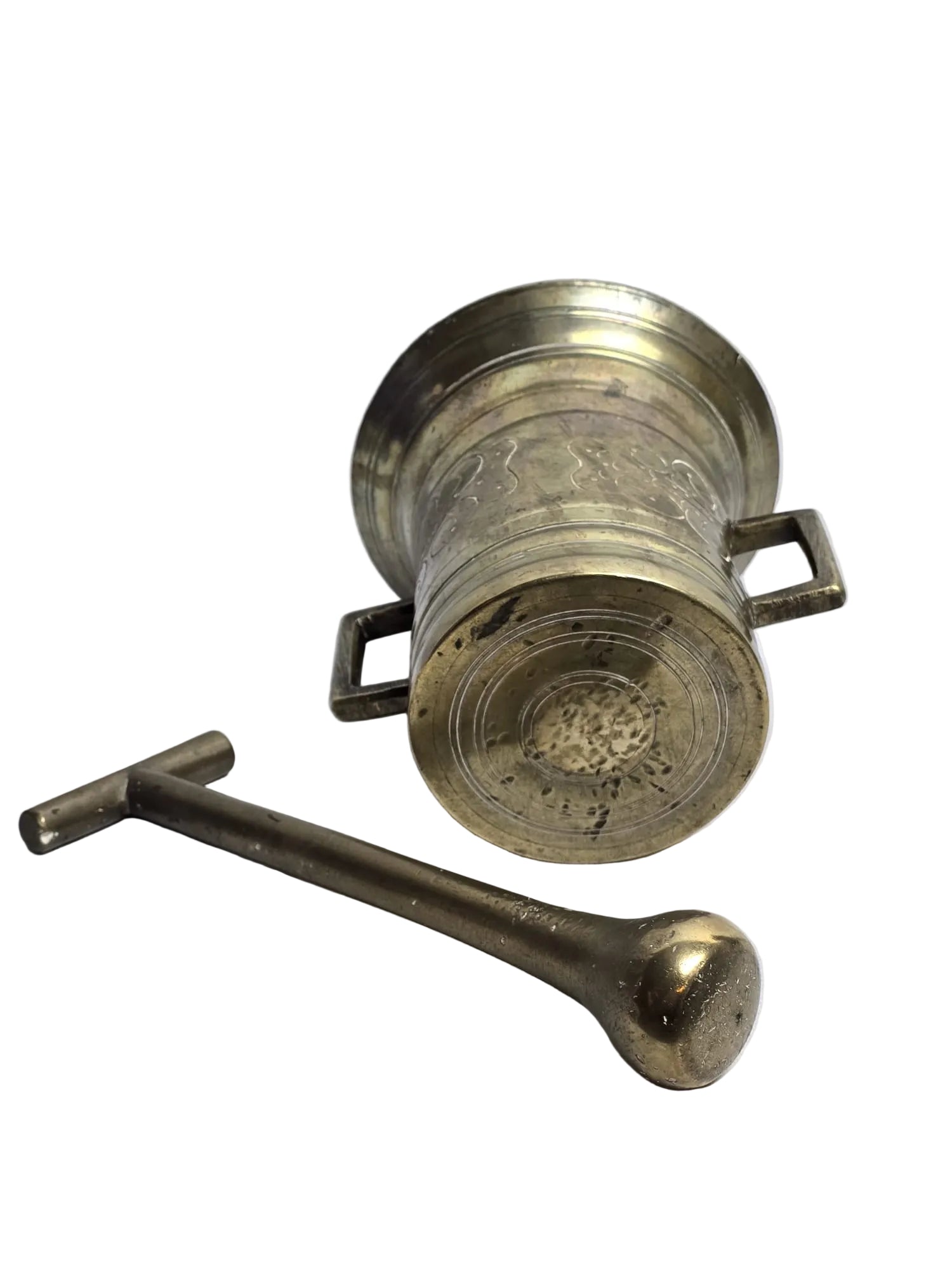 Antiker Apothekermörser Bronze mit Stössel — Barock Ornamentik Rechteckgriffe