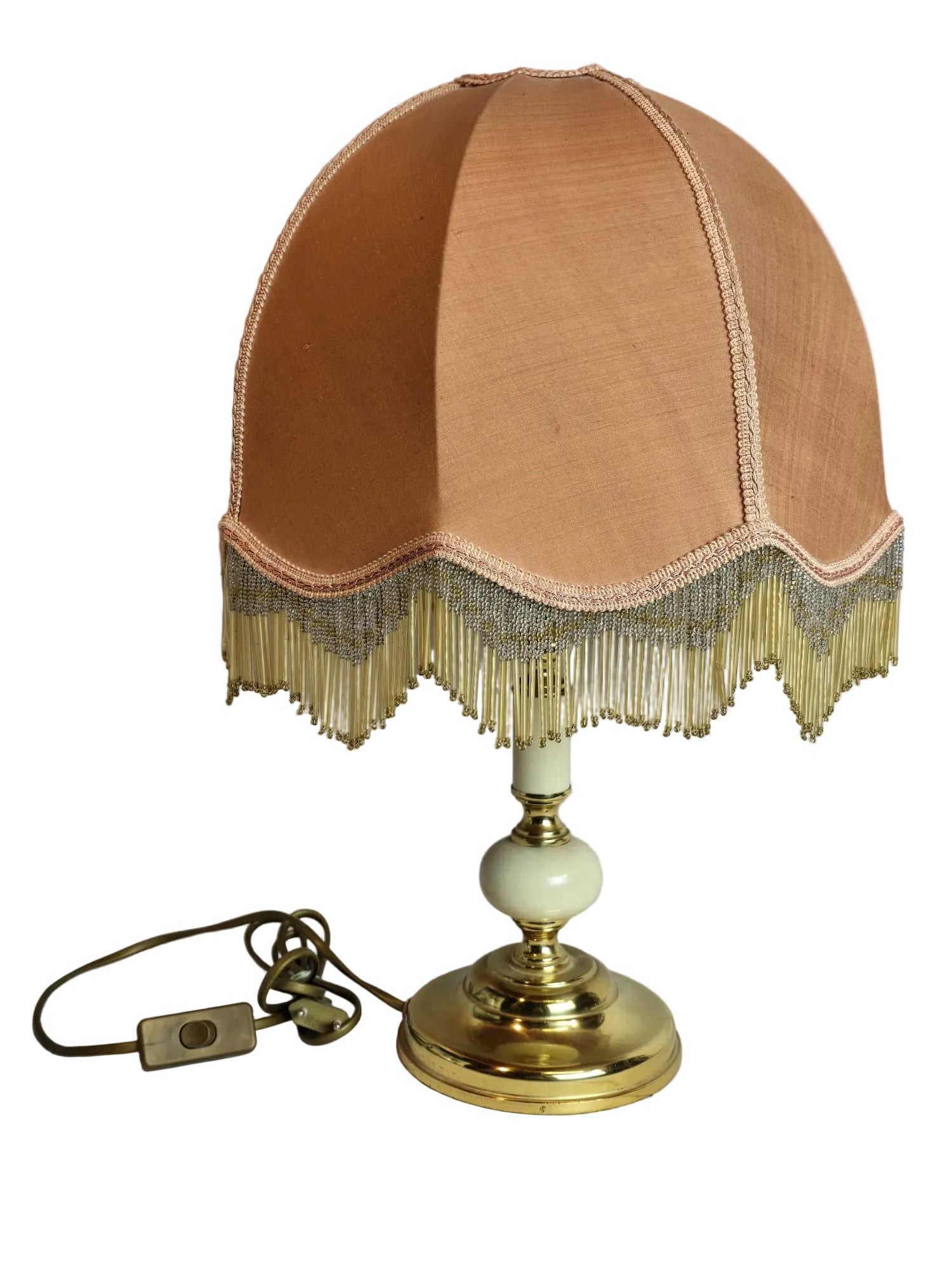 Vintage Tischlampe Rosa Seidenschirm mit Perlenfransen