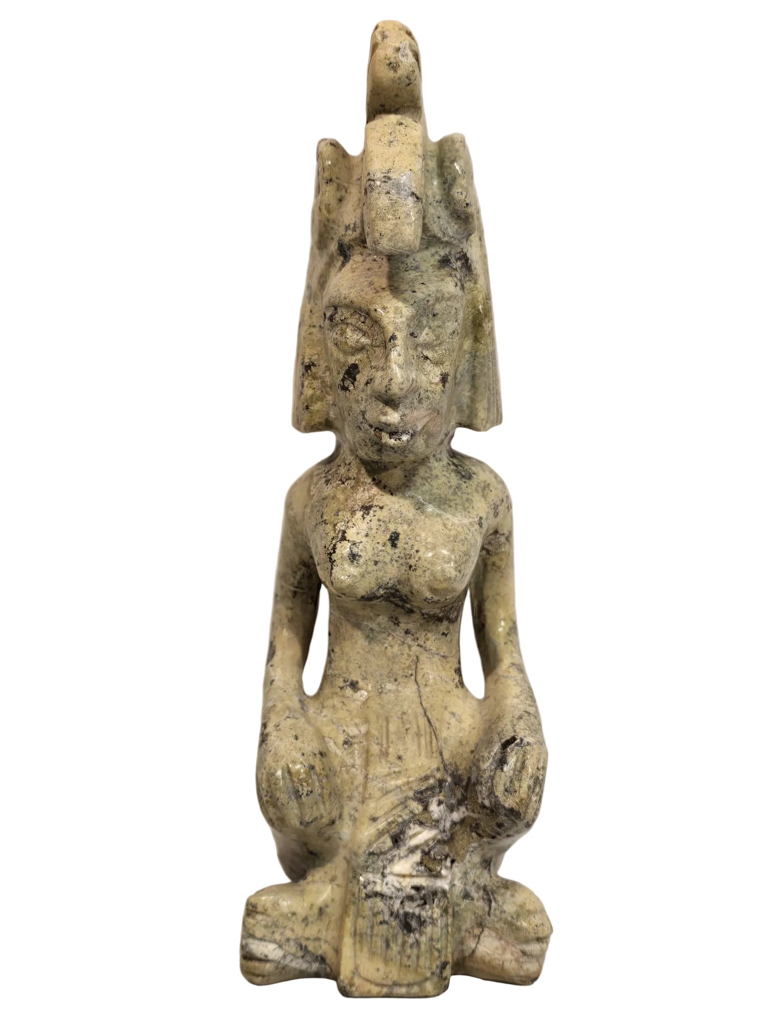 Steinfigurine Sitzende Gottin mit Kopfschmuck – Handgeschnitzt – Maya Azteken