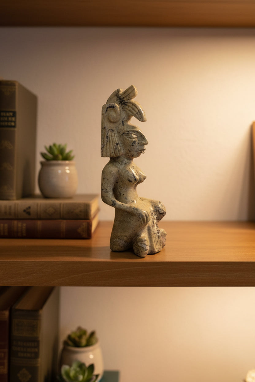 Steinfigurine Sitzende Gottin mit Kopfschmuck – Handgeschnitzt – Maya Azteken