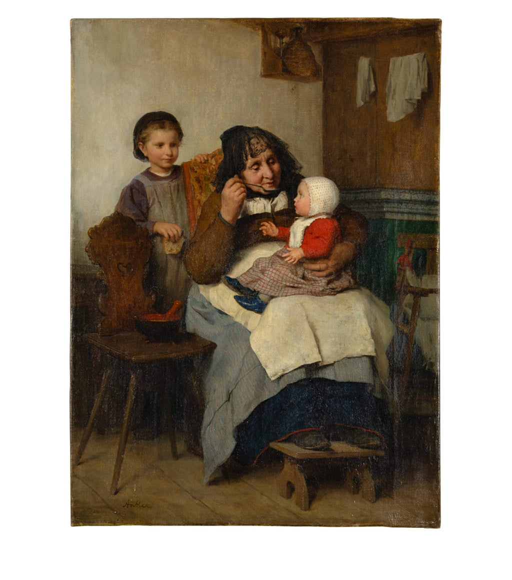 Albert Anker Grossmutter, ihrem Enkelkind die Suppe gebend