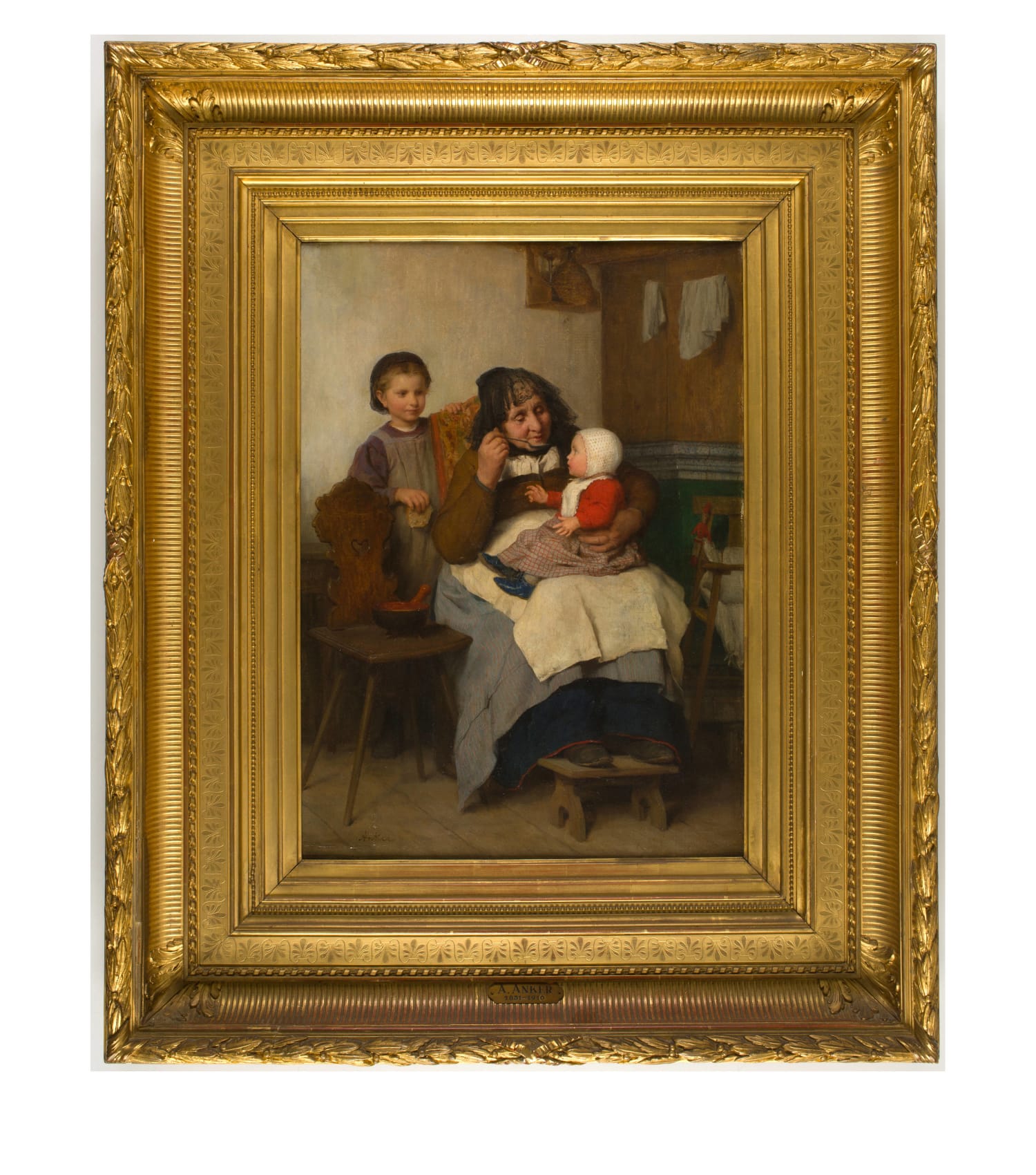 Albert Anker Grossmutter, ihrem Enkelkind die Suppe gebend