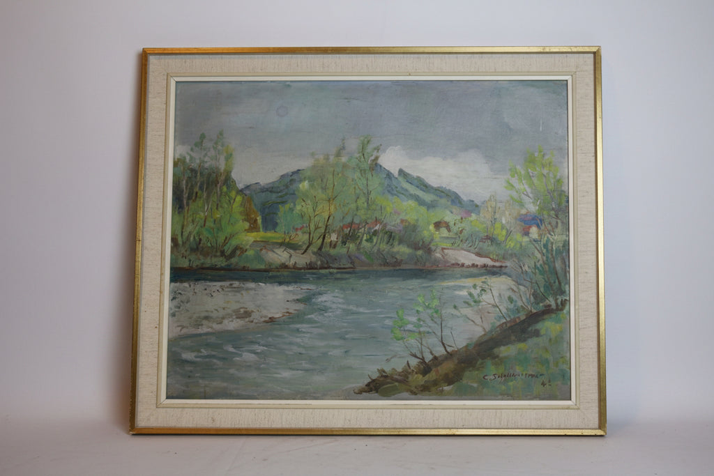 C. Schollhammer – Originales Olgemalde Flusslandschaft mit Bergen