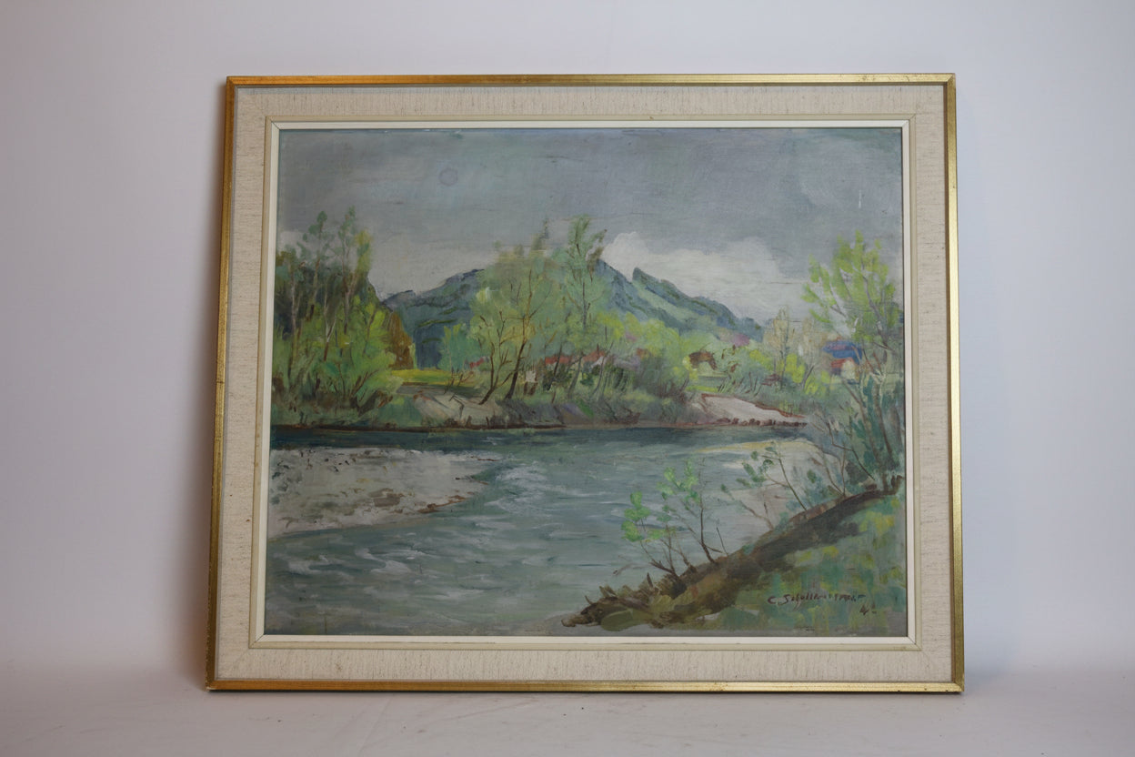 C. Schollhammer – Originales Olgemalde Flusslandschaft mit Bergen