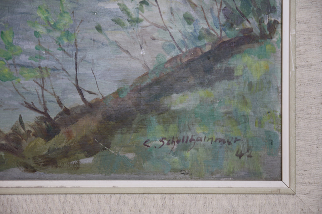 C. Schollhammer – Originales Olgemalde Flusslandschaft mit Bergen