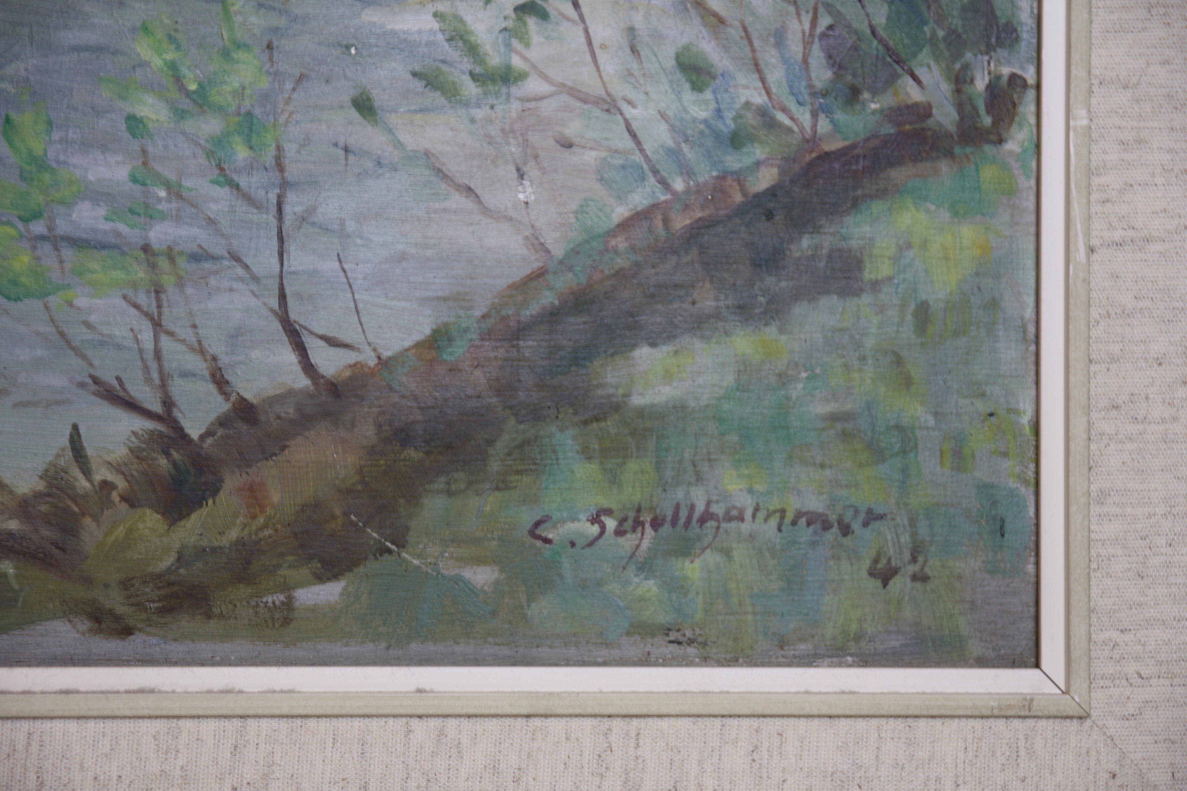 C. Schollhammer – Originales Olgemalde Flusslandschaft mit Bergen