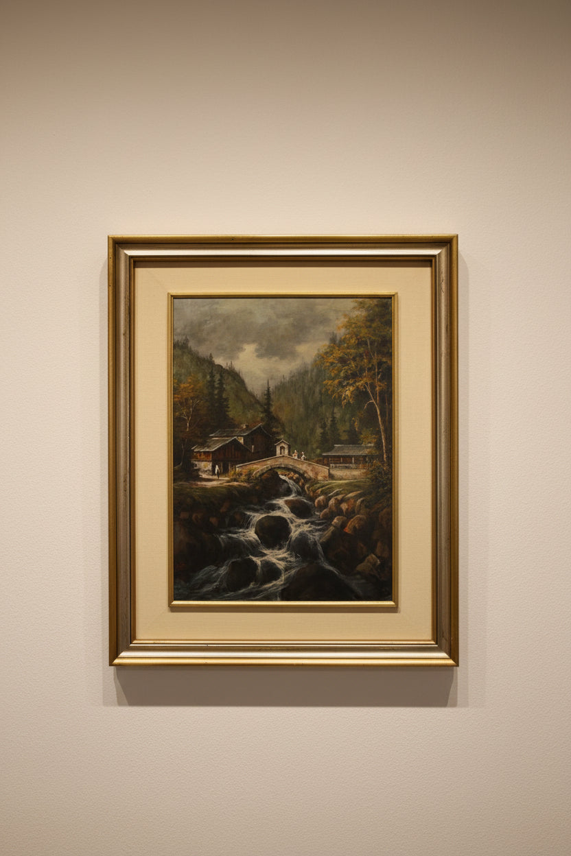 Antikes Olgemalde Alpine Gebirgslandschaft mit Steinbrucke und Wasserfall – Studio Rufus