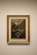 Antikes Olgemalde Alpine Gebirgslandschaft mit Steinbrucke und Wasserfall – Studio Rufus