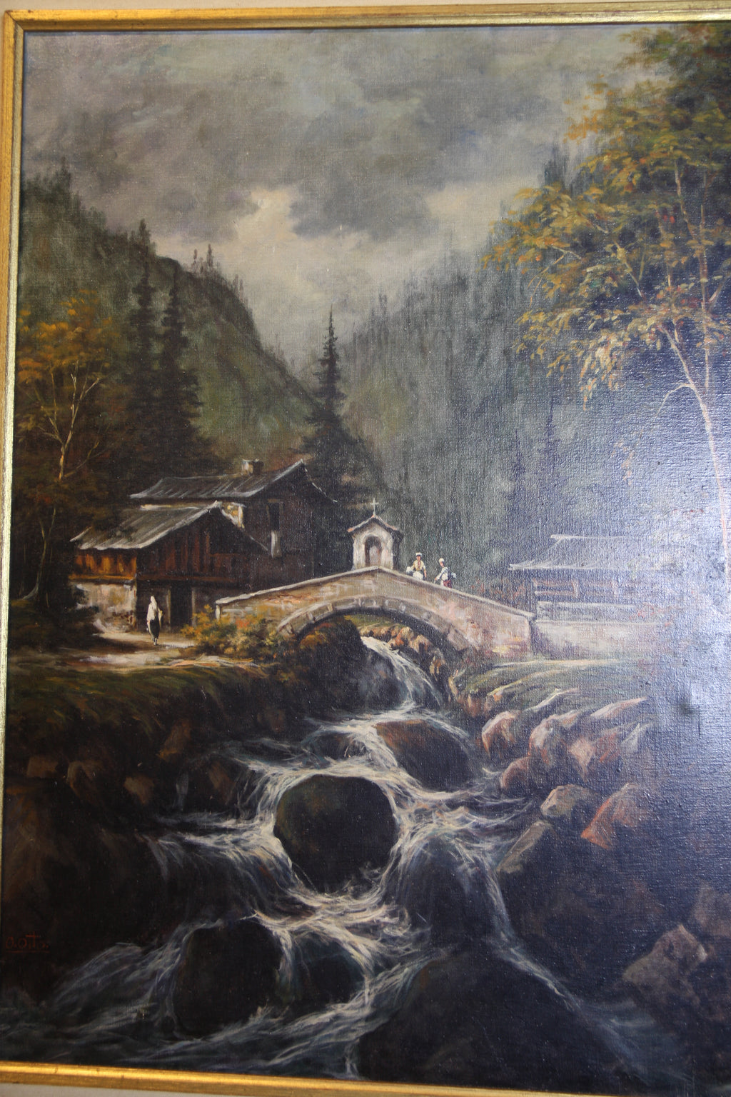 Antikes Olgemalde Alpine Gebirgslandschaft mit Steinbrucke und Wasserfall – Studio Rufus