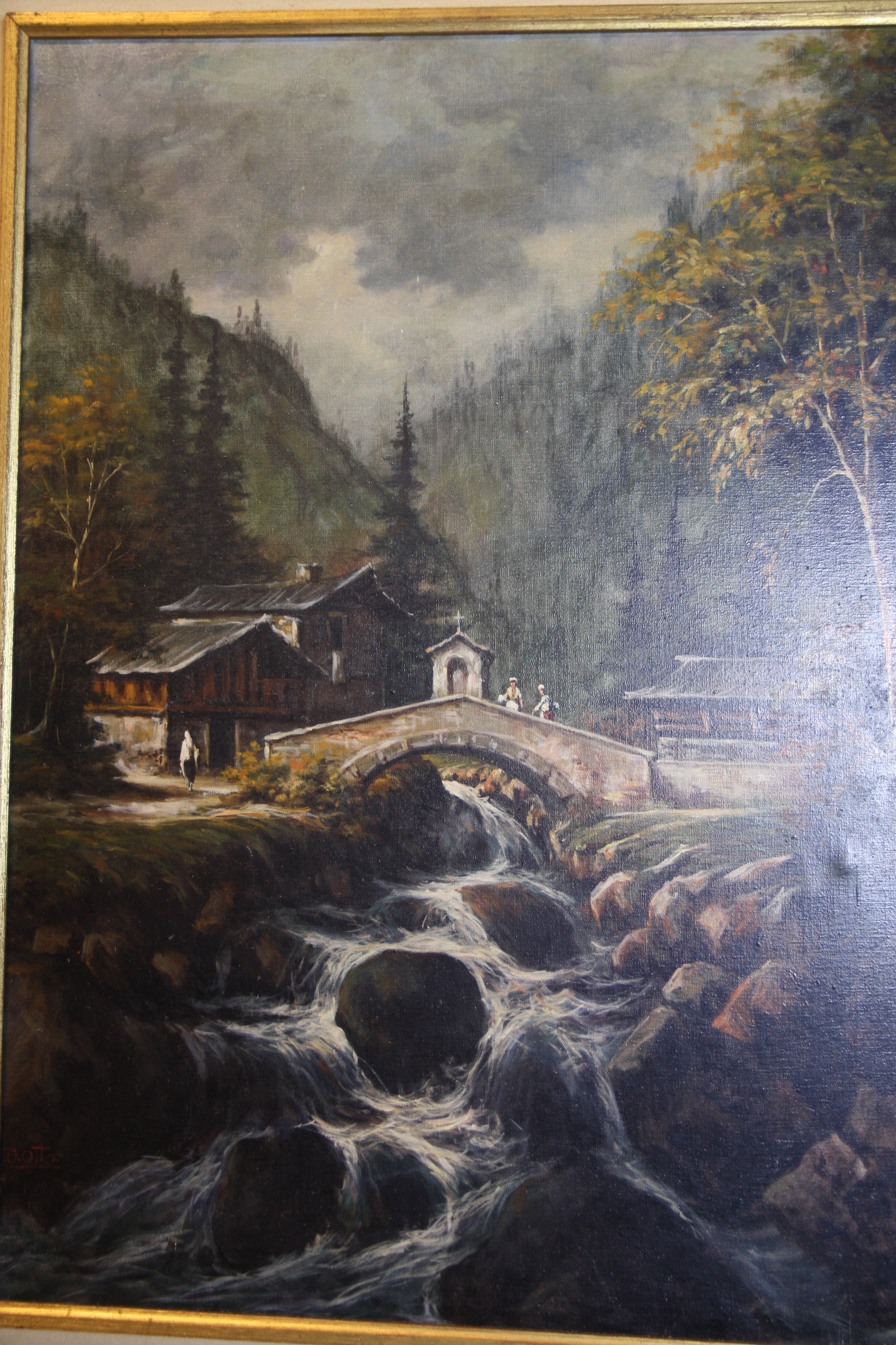Antikes Olgemalde Alpine Gebirgslandschaft mit Steinbrucke und Wasserfall – Studio Rufus