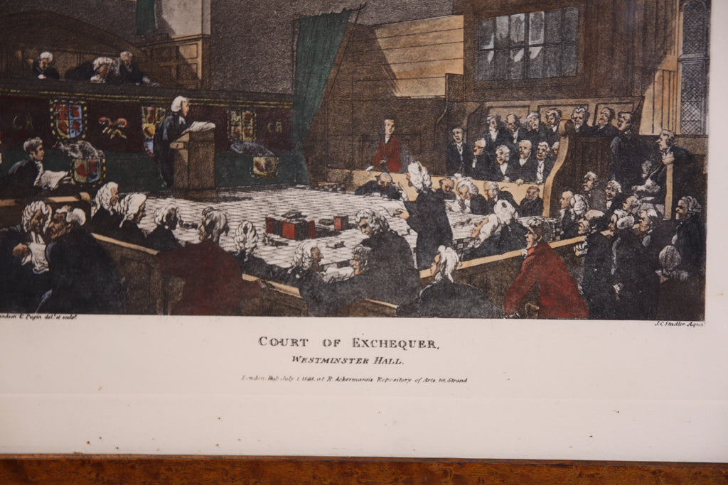 Antiker Aquatinta Stich Court of Exchequer Westminster Hall – Ackermann 1808 – Pugin und Stadler