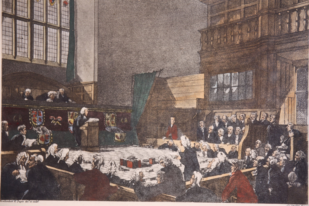 Antiker Aquatinta Stich Court of Exchequer Westminster Hall – Ackermann 1808 – Pugin und Stadler