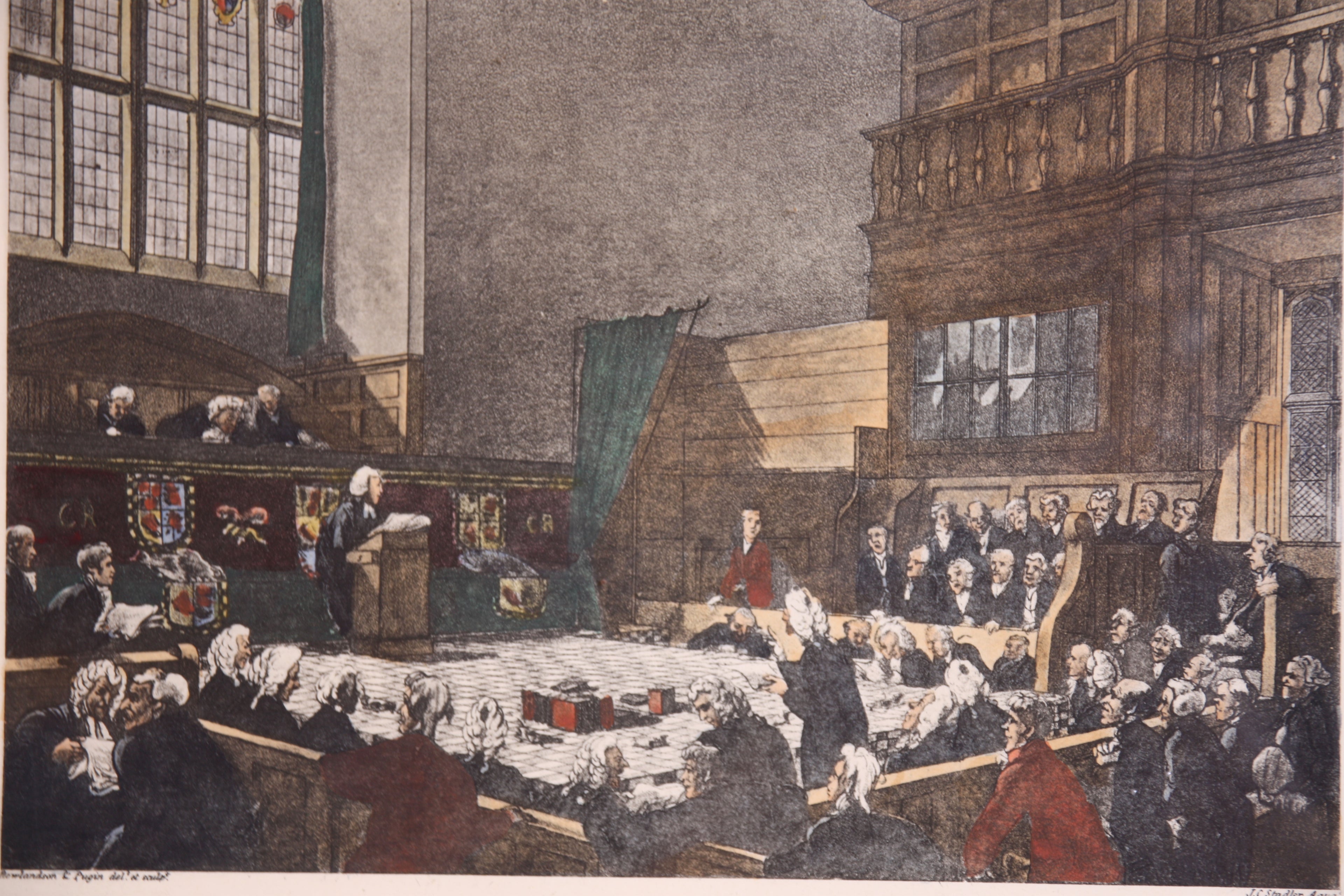 Antiker Aquatinta Stich Court of Exchequer Westminster Hall – Ackermann 1808 – Pugin und Stadler