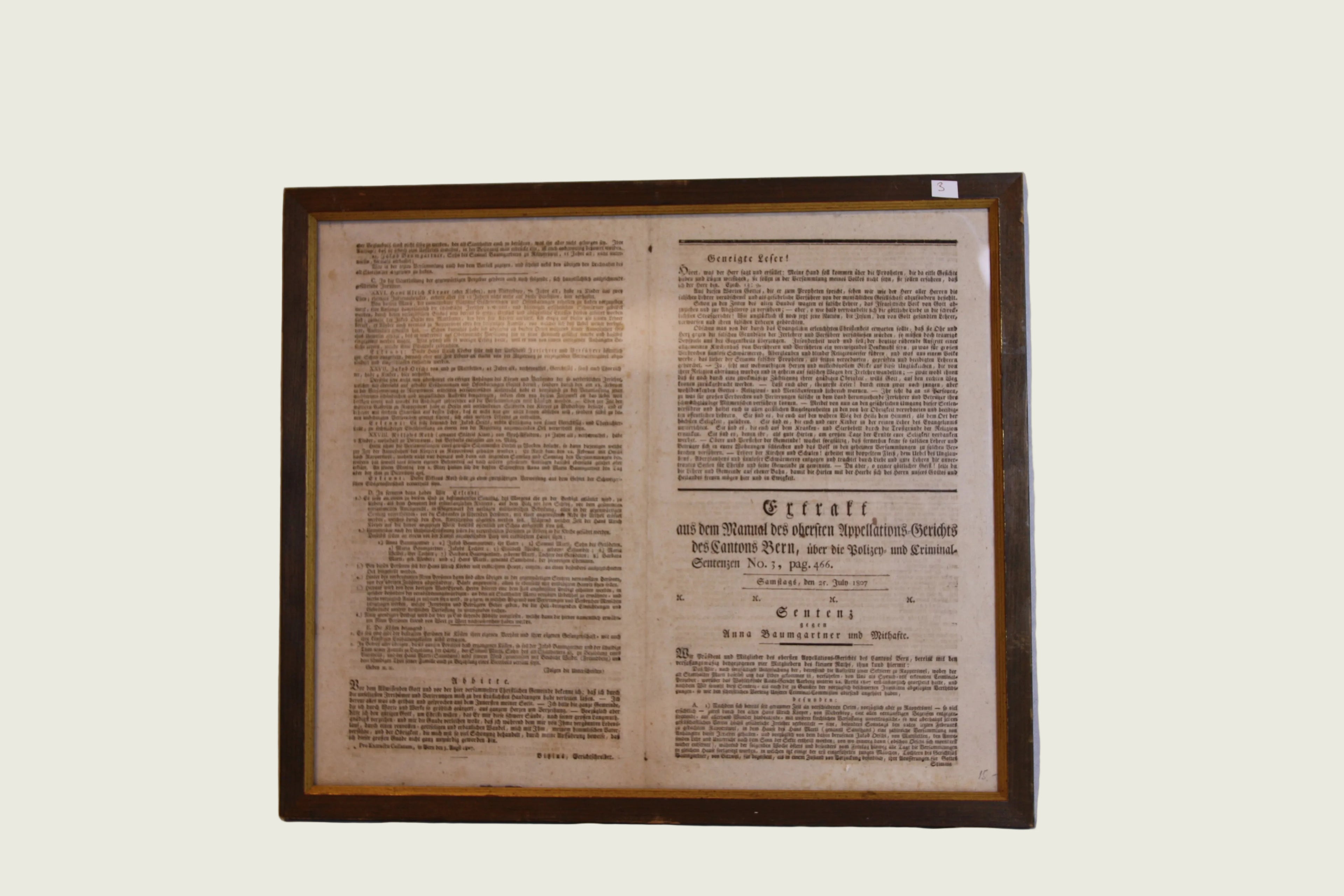 Historisches Dokument Extrakt Oberstes Appellations-Gericht Kanton Bern – Sentenz Anna Baumgartner – 25. Juli 1807 – 39 x 46 cm