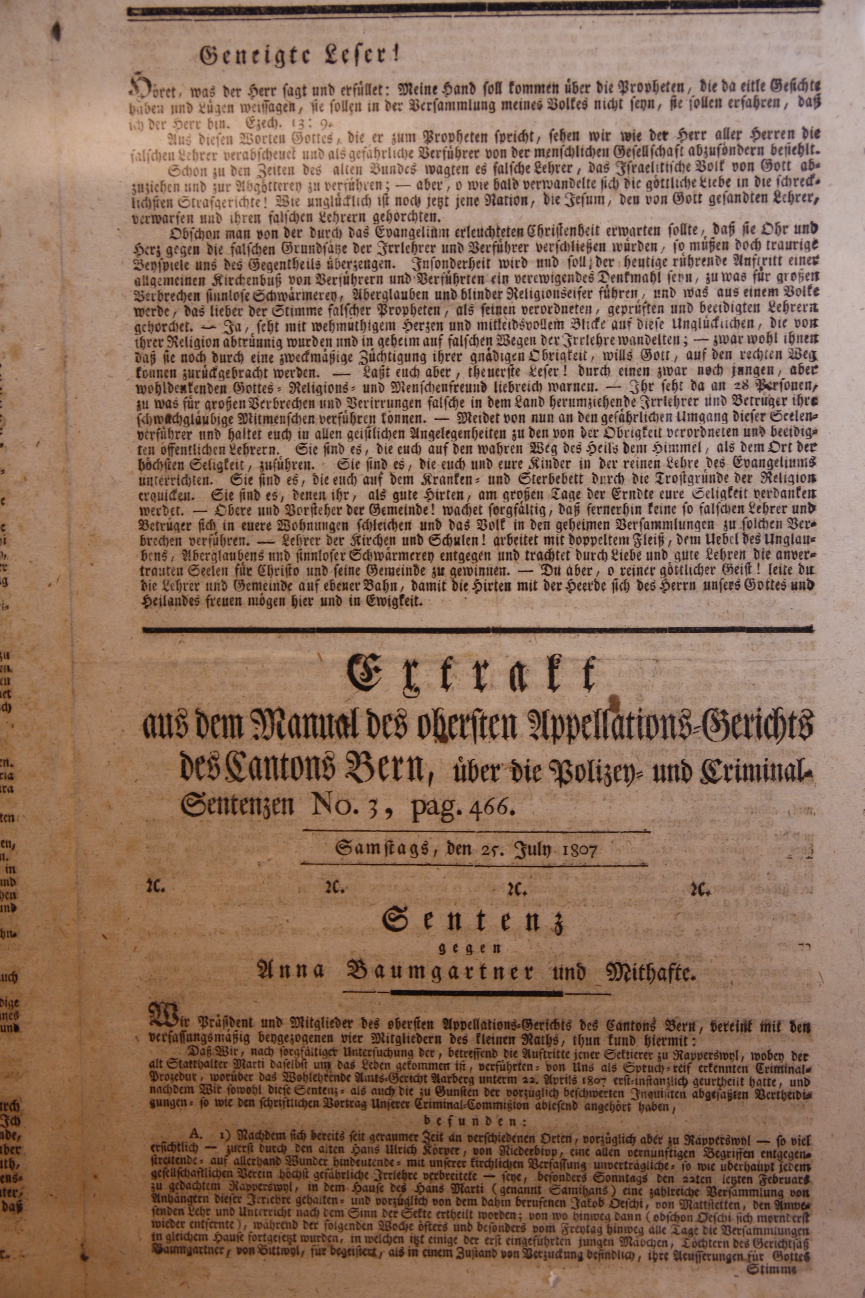 Historisches Dokument Extrakt Oberstes Appellations-Gericht Kanton Bern – Sentenz Anna Baumgartner – 25. Juli 1807 – 39 x 46 cm