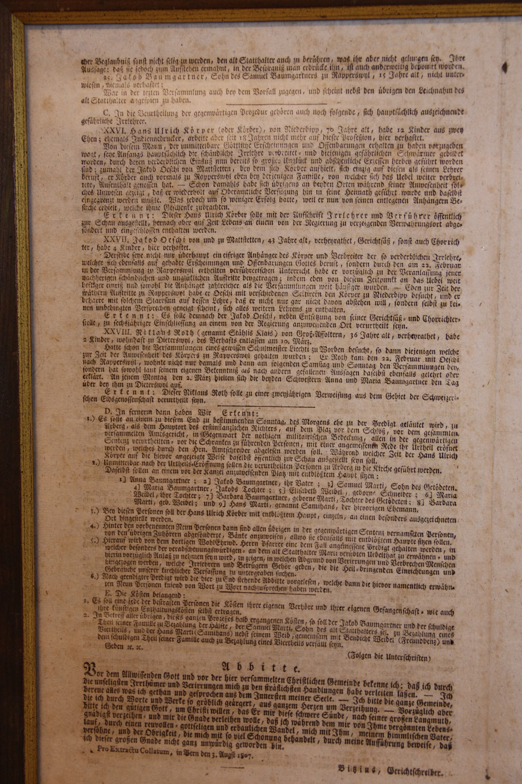 Historisches Dokument Extrakt Oberstes Appellations-Gericht Kanton Bern – Sentenz Anna Baumgartner – 25. Juli 1807 – 39 x 46 cm