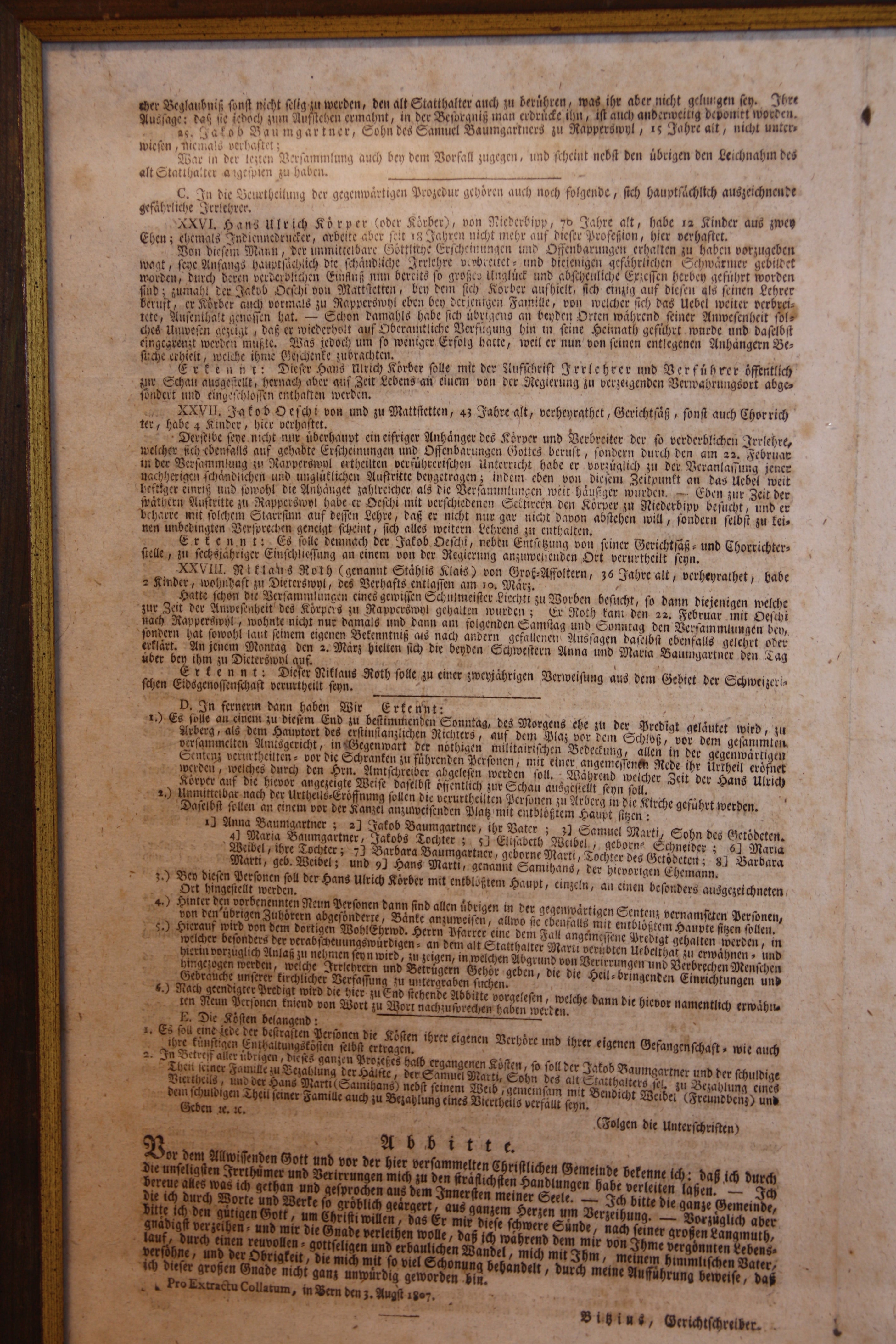 Historisches Dokument Extrakt Oberstes Appellations-Gericht Kanton Bern – Sentenz Anna Baumgartner – 25. Juli 1807 – 39 x 46 cm