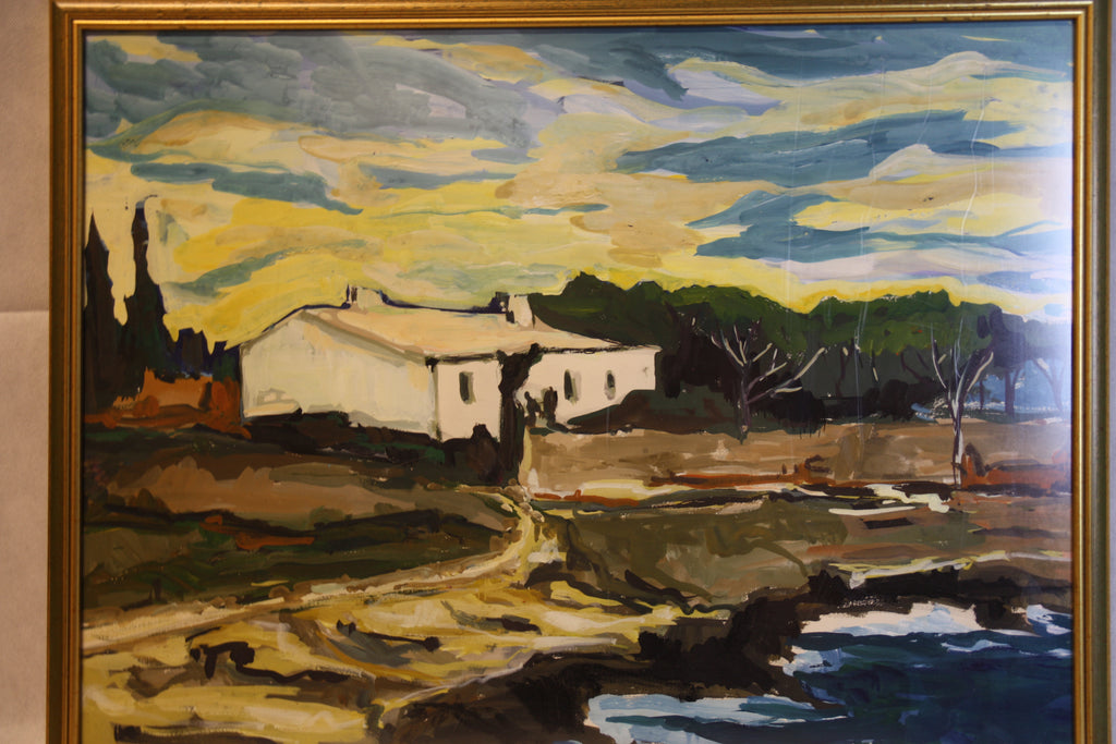 M. Hildebrand – Originales Olgemalde Landschaft mit Weissem Haus und Wasser – Handsigniert und Datiert