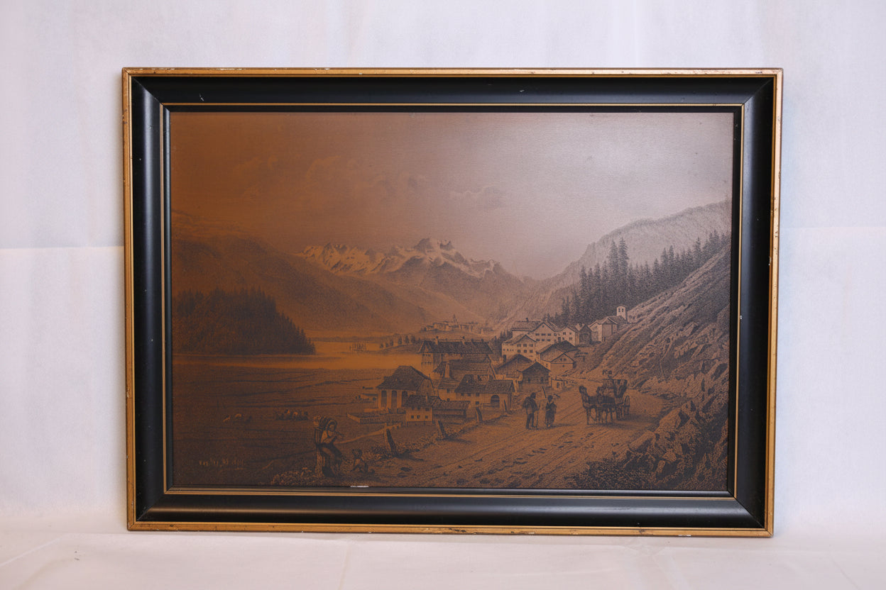 Antiker Stich Schweizer Alpendorf mit Gebirgslandschaft – Sepia Lithografie 19. Jahrhundert