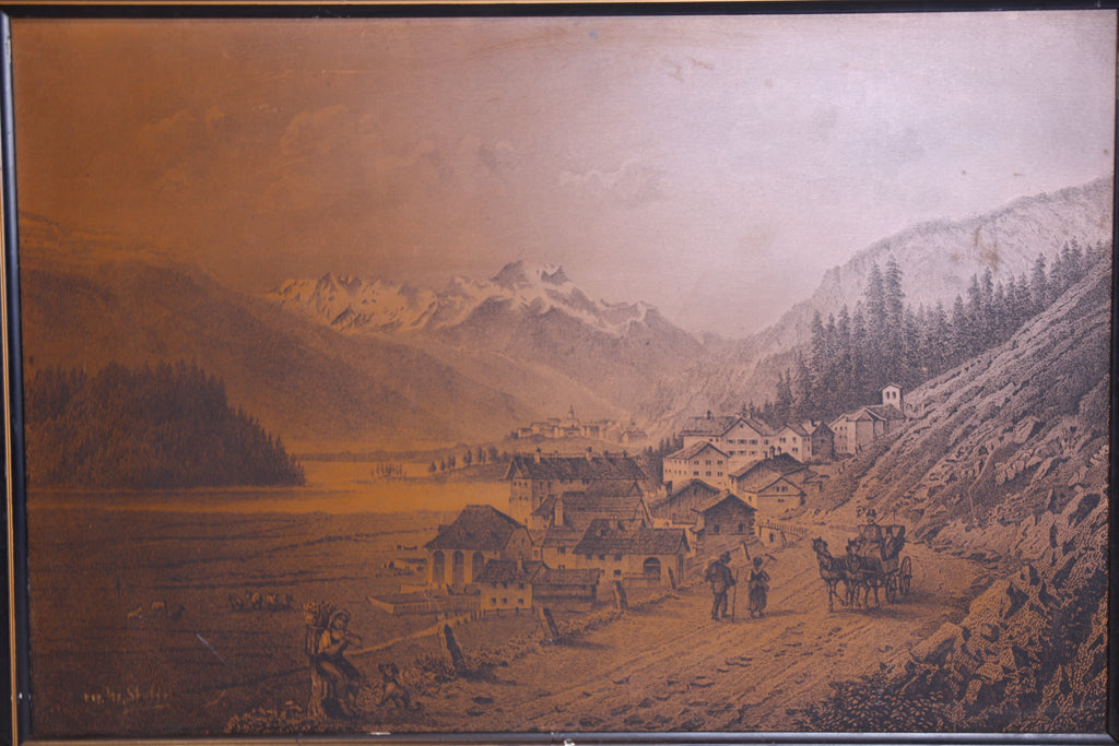 Antiker Stich Schweizer Alpendorf mit Gebirgslandschaft – Sepia Lithografie 19. Jahrhundert