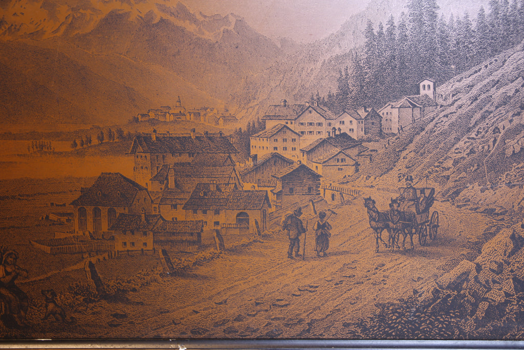Antiker Stich Schweizer Alpendorf mit Gebirgslandschaft – Sepia Lithografie 19. Jahrhundert