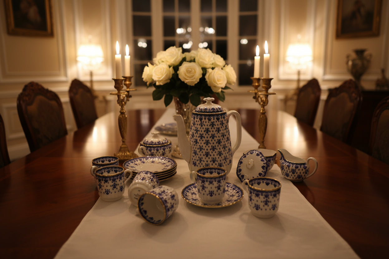 Spode Bone China England – Fleur de Lys Blue – Kaffeeservice – Kaffeekanne, Milchkanne, Zuckerdose, 6 Tassen und Untertassen