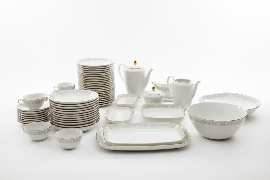 Grosses Porzellan Tafelservice Weiss mit Grauem Randdekor und Goldrand – ca. 60 Teile – Vintage Geschirr Set