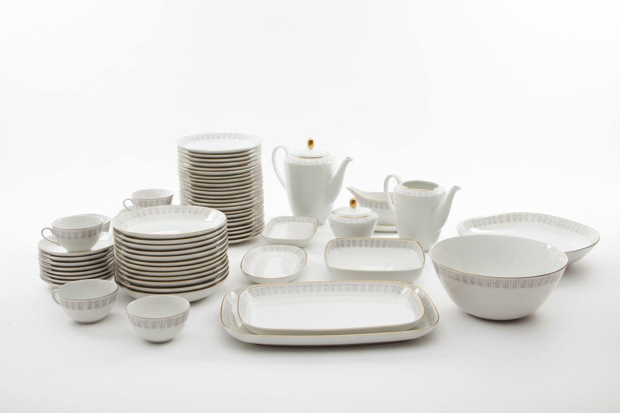 Grosses Porzellan Tafelservice Weiss mit Grauem Randdekor und Goldrand – ca. 60 Teile – Vintage Geschirr Set