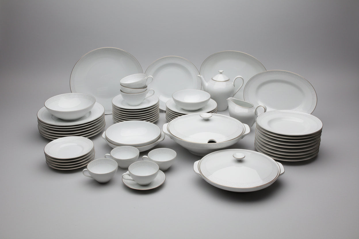 Heinrich und Co – H&C Selb Bavaria Germany – Grosses Porzellan Tafelservice Weiss mit Goldrand und Reliefdekor