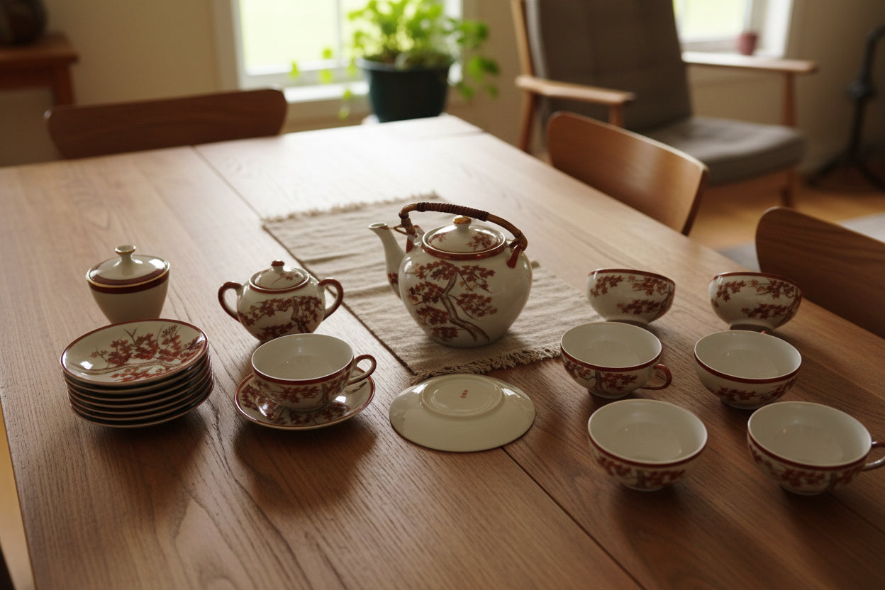 Japanisches Porzellan Teeservice Kutani-Stil – Roter Ahorn Herbstbaum Dekor mit Gold – Rattanhenkel Teekanne