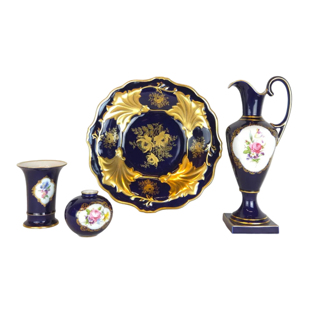 German Porcelain Set - 4 Pieces - Cobalt Blue & Gold - Weimar GDR + Lindner Bavaria - Hand Painted