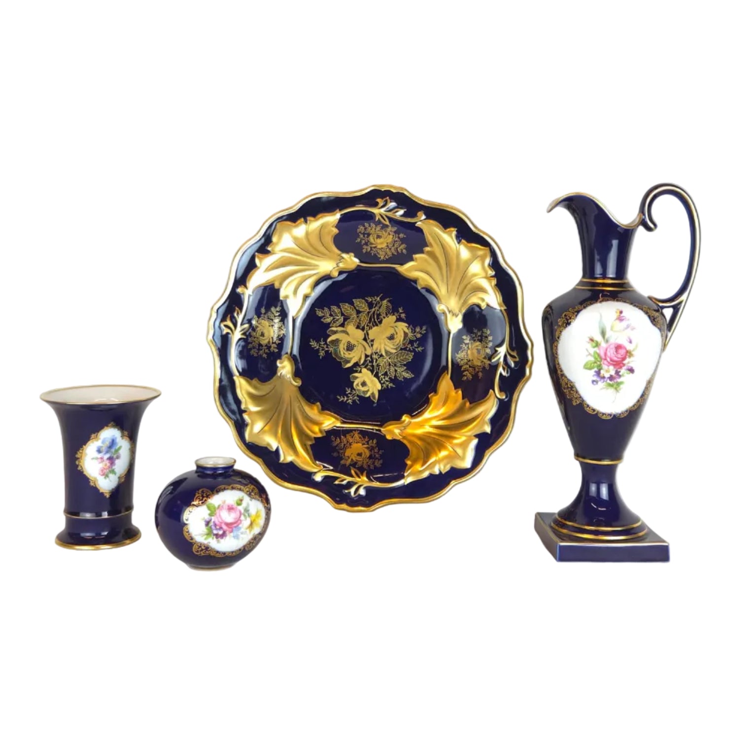 Deutsches Porzellan Set – 4-teilig – Kobaltblau & Gold – Weimar DDR + Lindner Bavaria – Handgemalt