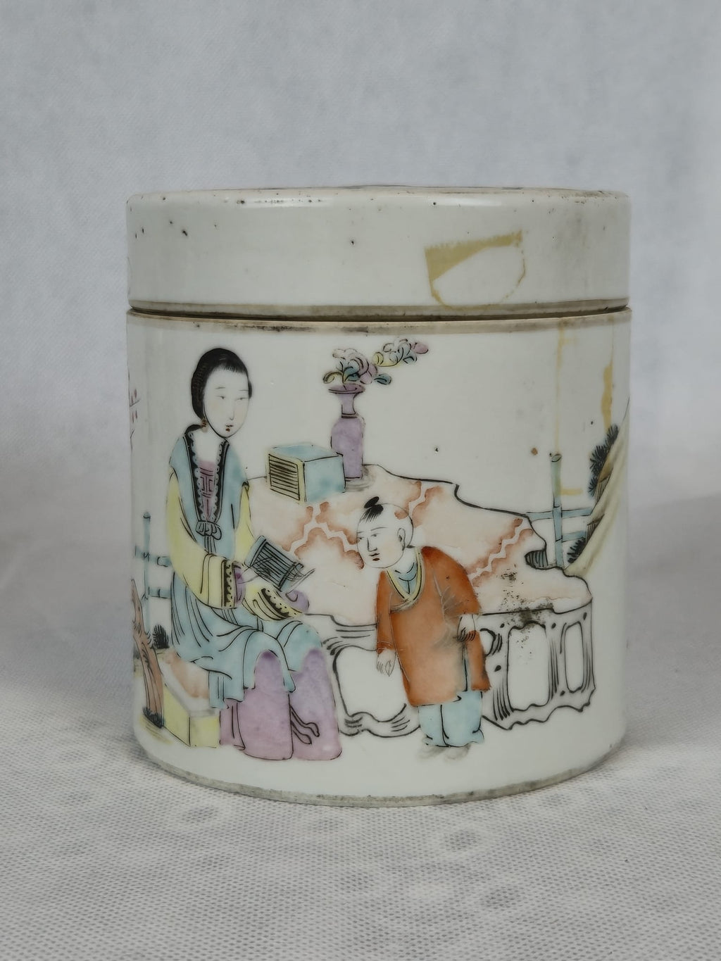 Antike Chinesische Teedose – Famille Rose – Republik-Periode – Handgemalt mit Kalligraphie