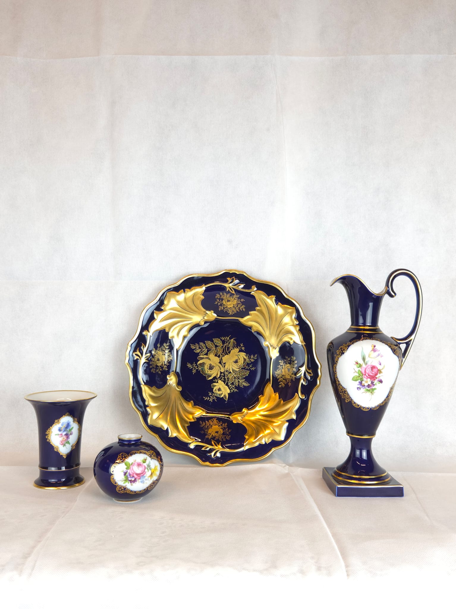 German Porcelain Set - 4 Pieces - Cobalt Blue & Gold - Weimar GDR + Lindner Bavaria - Hand Painted