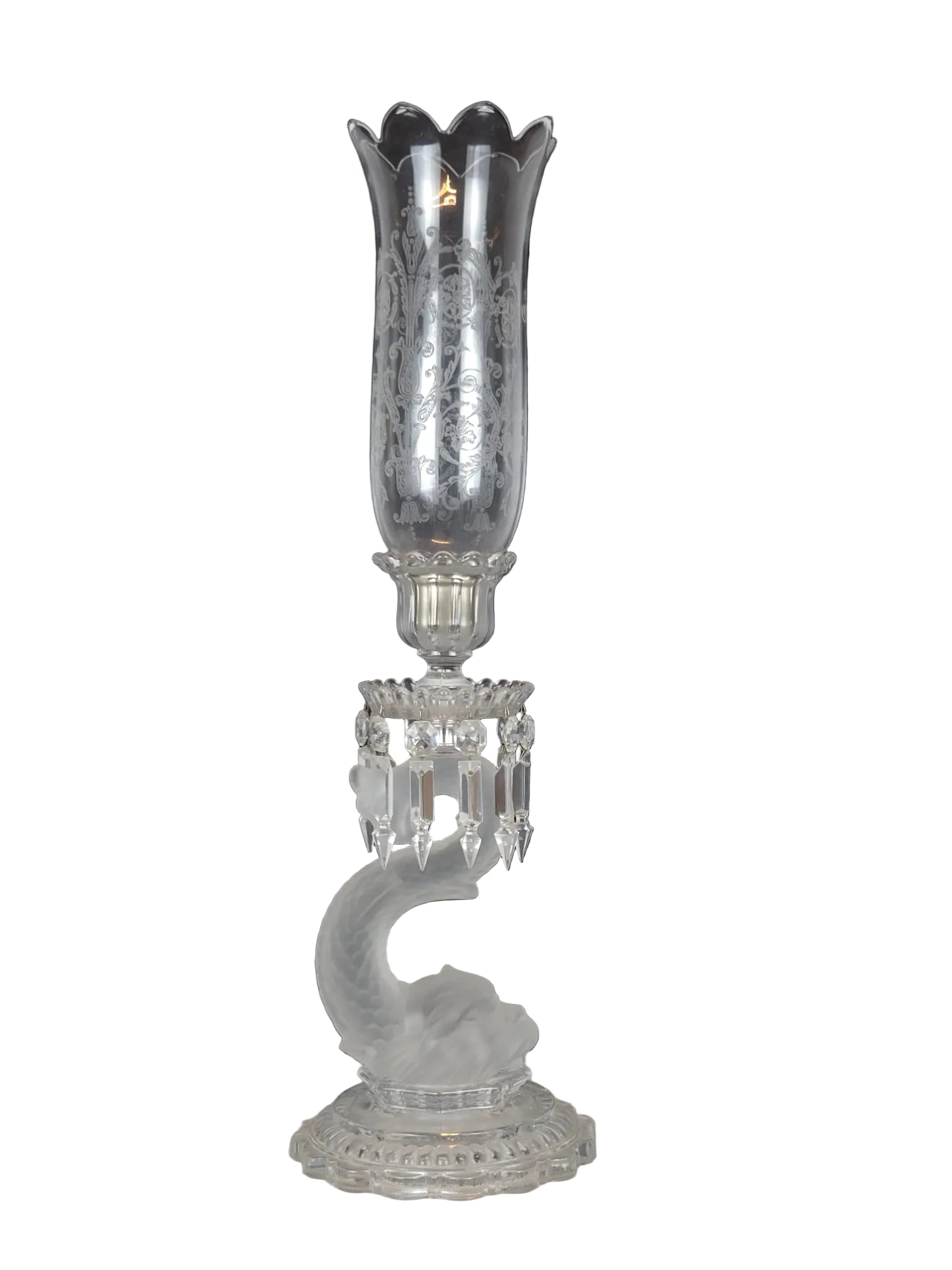 Antiker Kristall-Kerzenleuchter – Delphin-Figur – Gravierter Tulpenkelch – Viktorianischer Stil